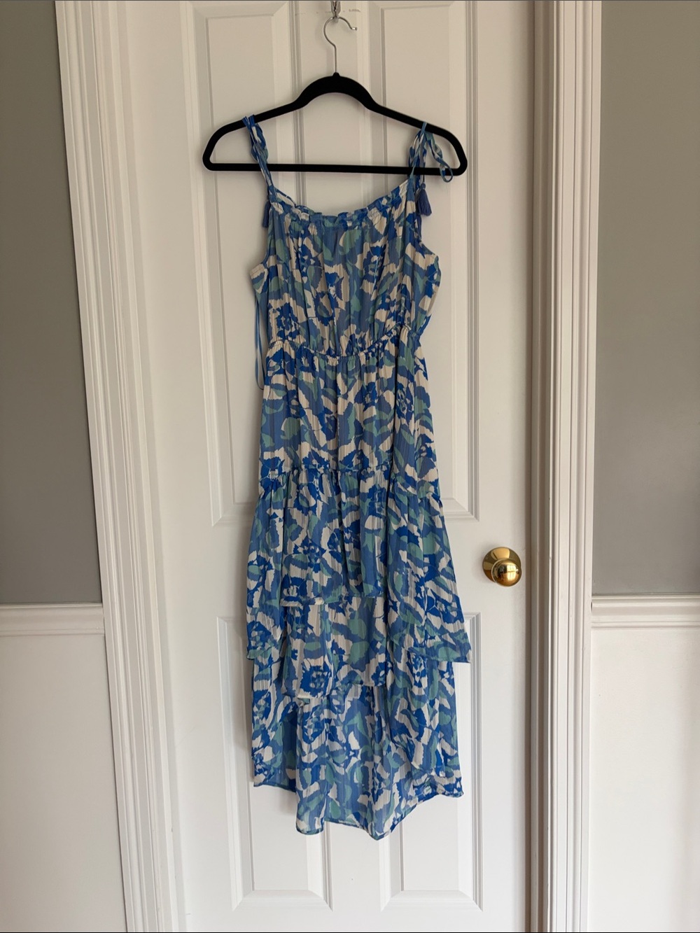 Blue Floral High-Low Summer Dress with Adjustable Straps